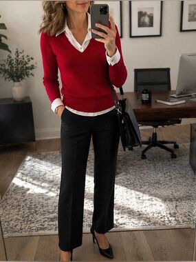 Lauren Ralph Lauren Red V-Neck Ribbed Knit with White Collar Layered